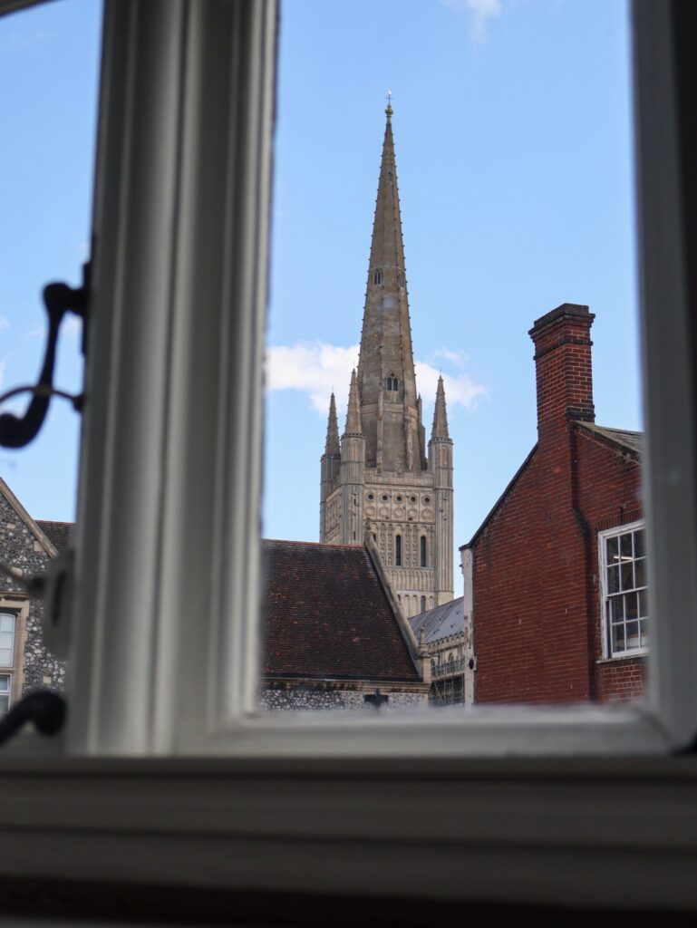 Norwich Cathedral spire seen from the window